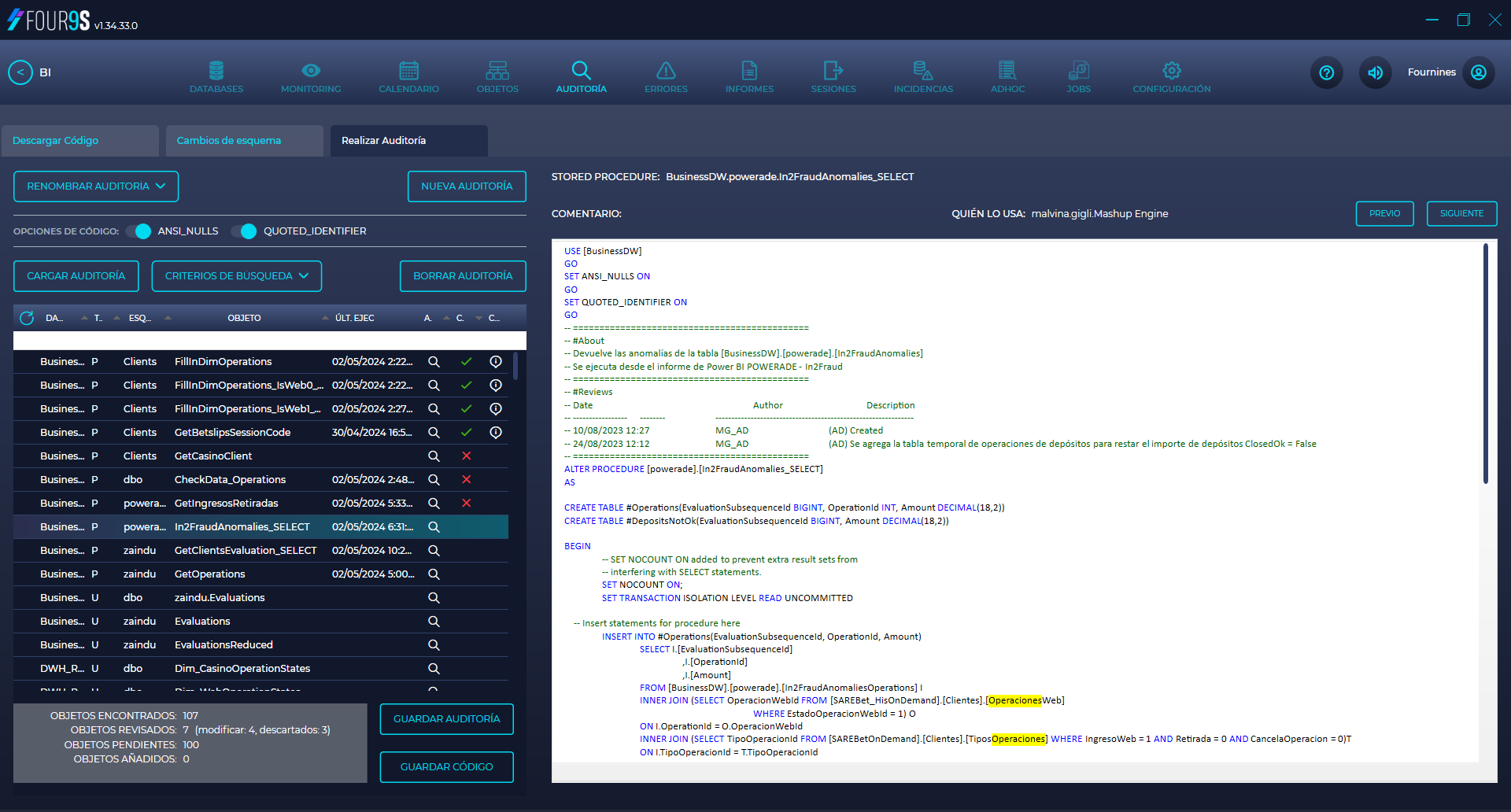 Four9s SQL Audit: Database code search and analysis, object tracking, change monitoring, and code download for development and maintenance.