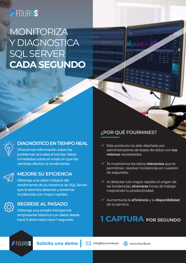 Miniatura de PDF: Datasheet general de Four9s, presentando la solución DPM SQL Service y sus funcionalidades clave para monitorización y análisis.