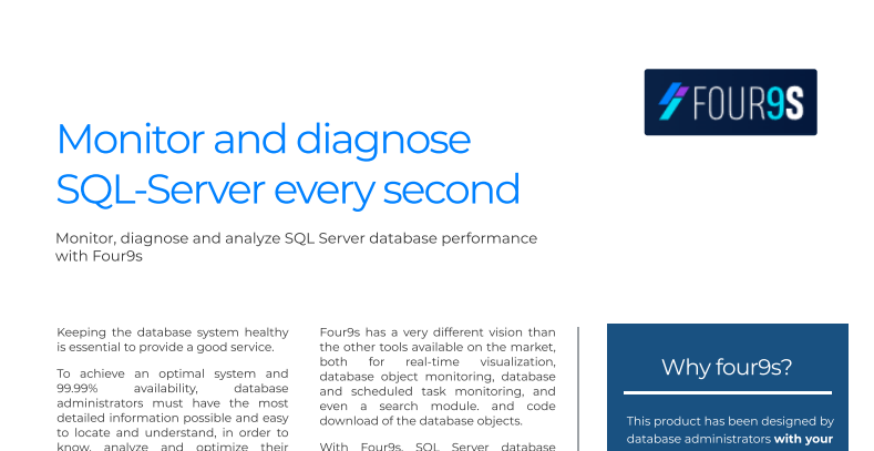 PDF thumbnail: Four9s advanced features datasheet, exploring DPM SQL Service functionalities for in-depth database optimization.
