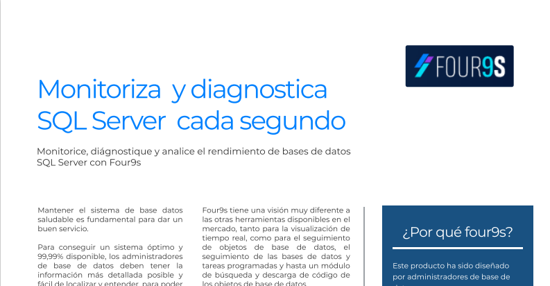 Miniatura de PDF: Datasheet de características avanzadas de Four9s, explorando funcionalidades de DPM SQL Service para optimización profunda de bases de datos.