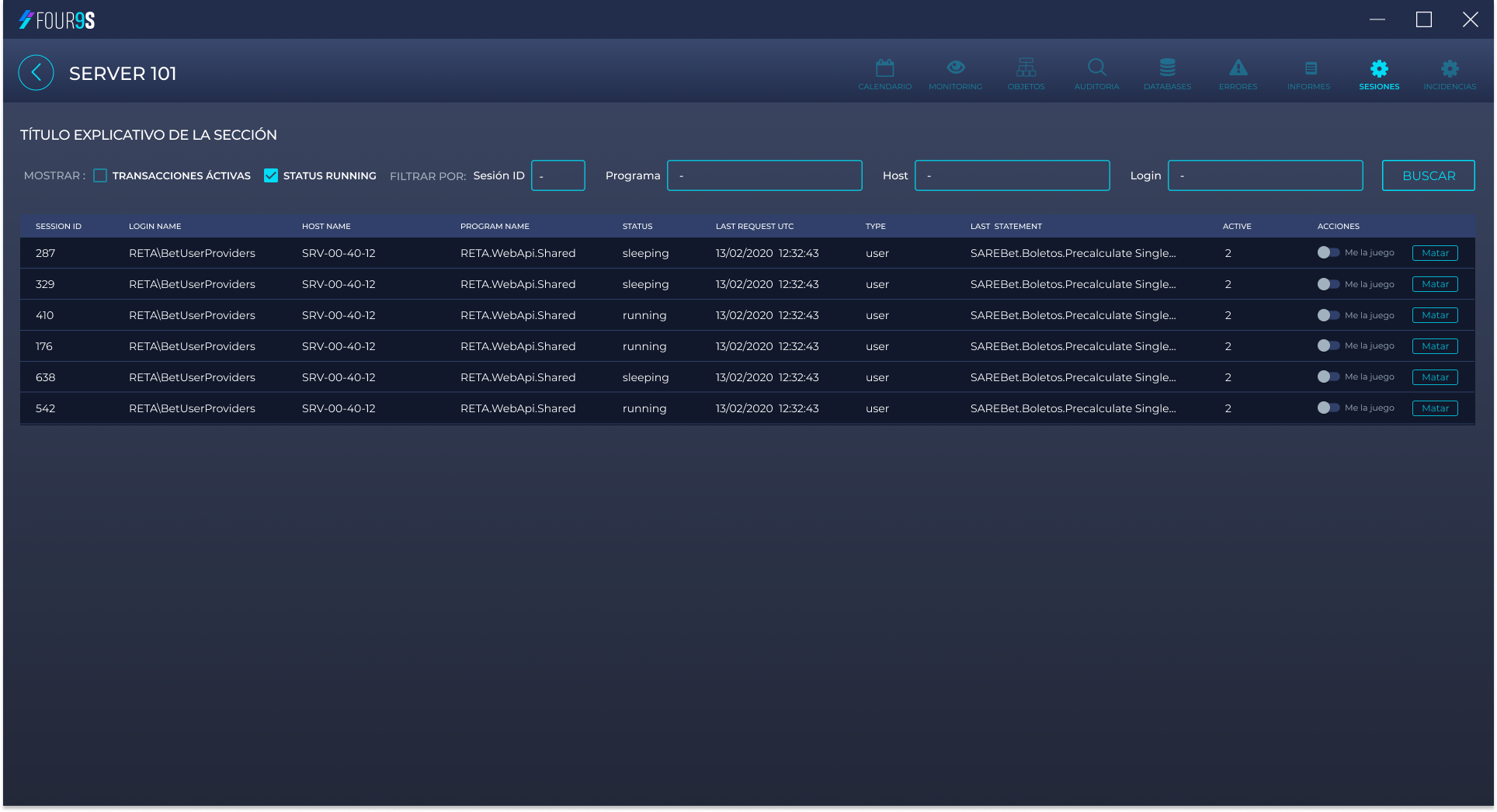 Four9s SQL Server Kill Sessions: Report and management of active sessions, showing the last known statement and option to terminate processes for performance optimization.